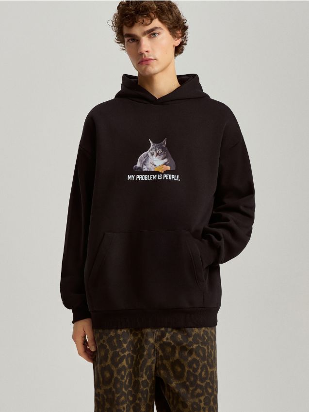 Czarna bluza z kapturem i nadrukiem kota - HOUSE - 710CC-99X