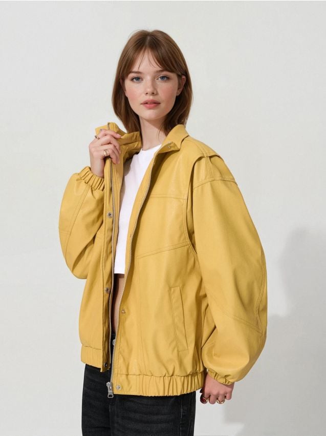 Żółta kurtka bomber oversize z imitacji skóry - HOUSE