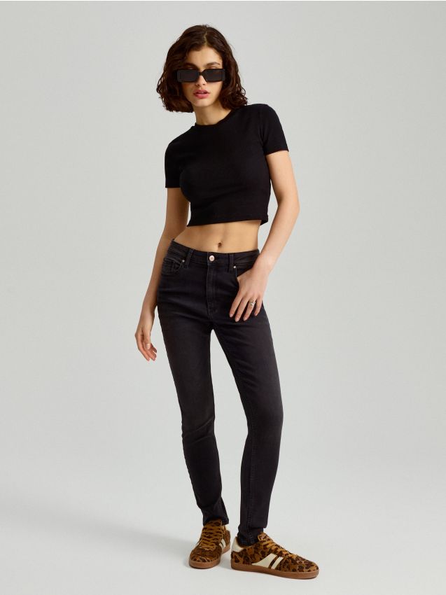 Jeansy skinny z regularnym stanem czarne - HOUSE - 801BL-99J