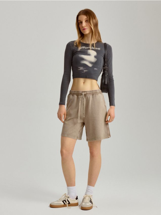 Dresowe szorty bermudy beżowe acid wash - HOUSE - 947AI-08X
